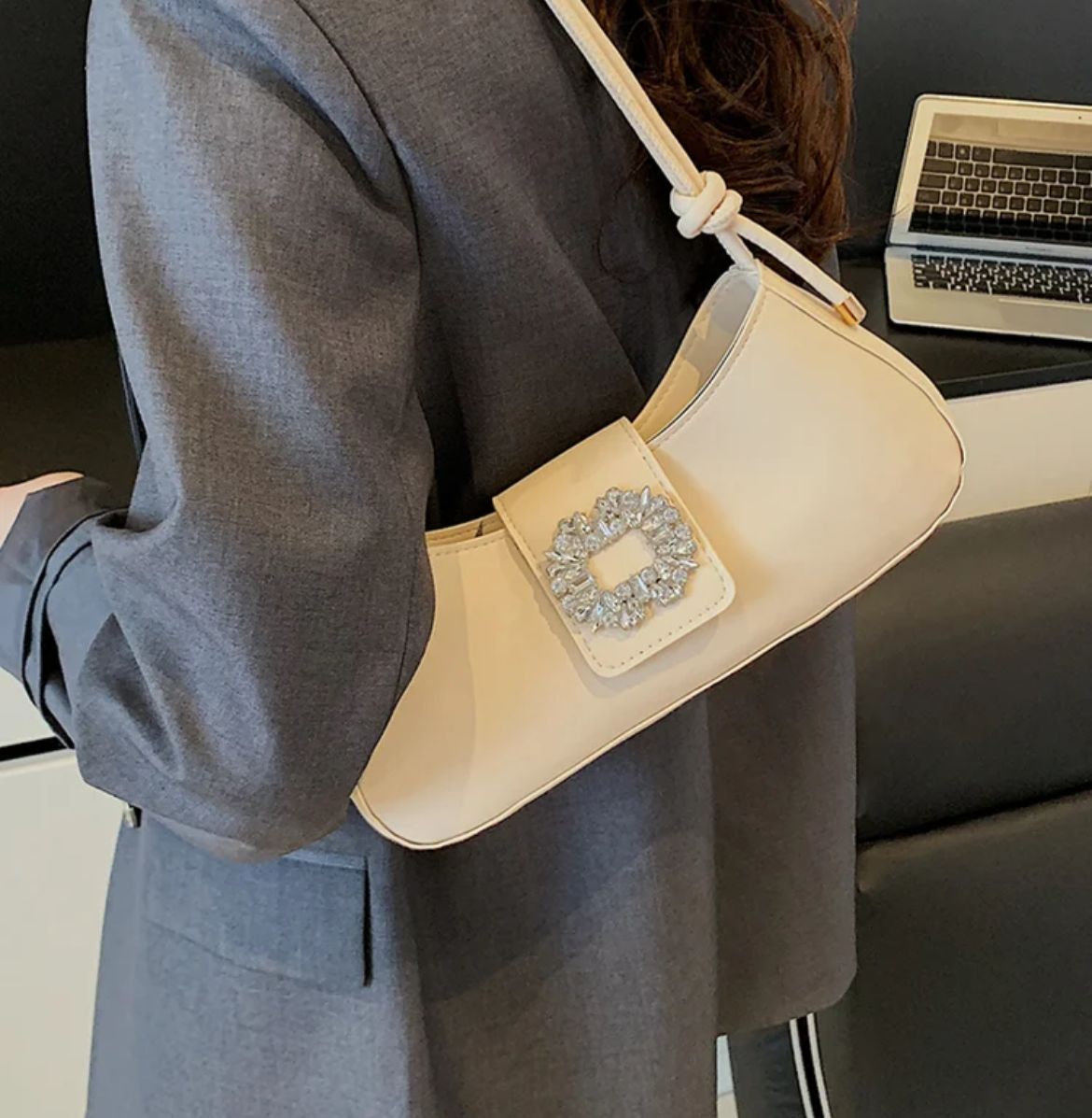 Cream Crystal-Buckle Shoulder Bag