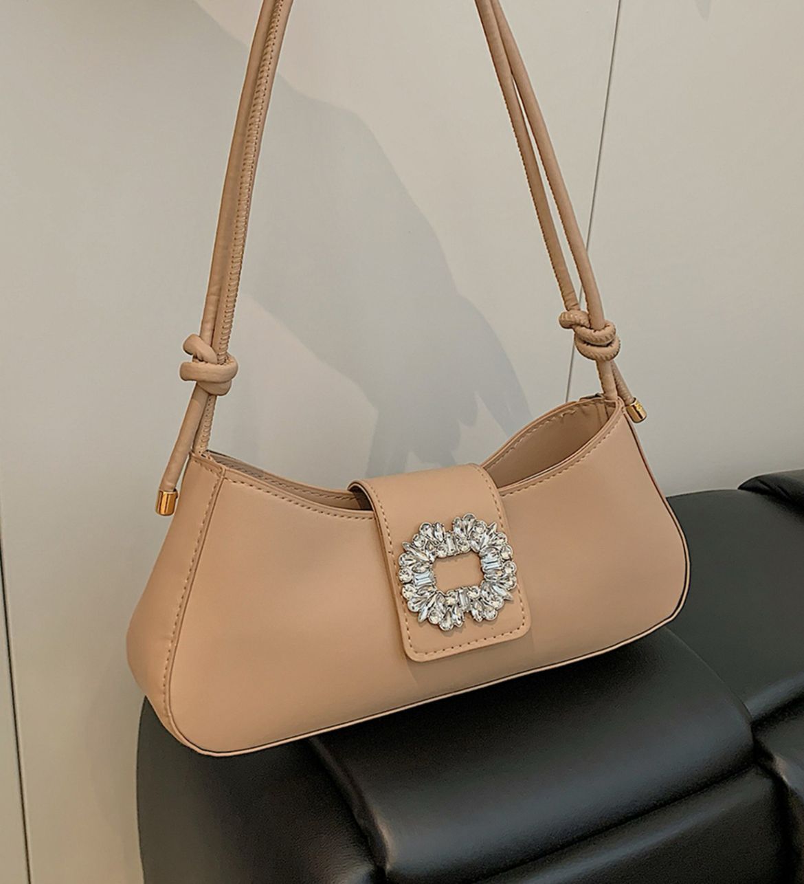 Beige Crystal-Buckle Bag