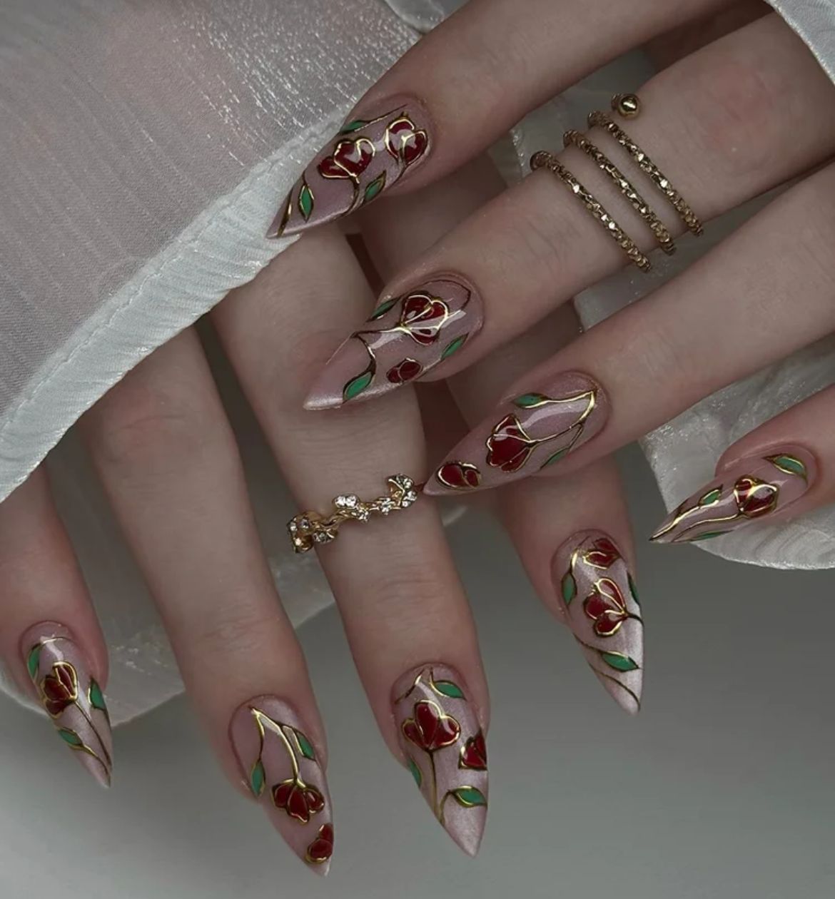 Red Floral Art Nails