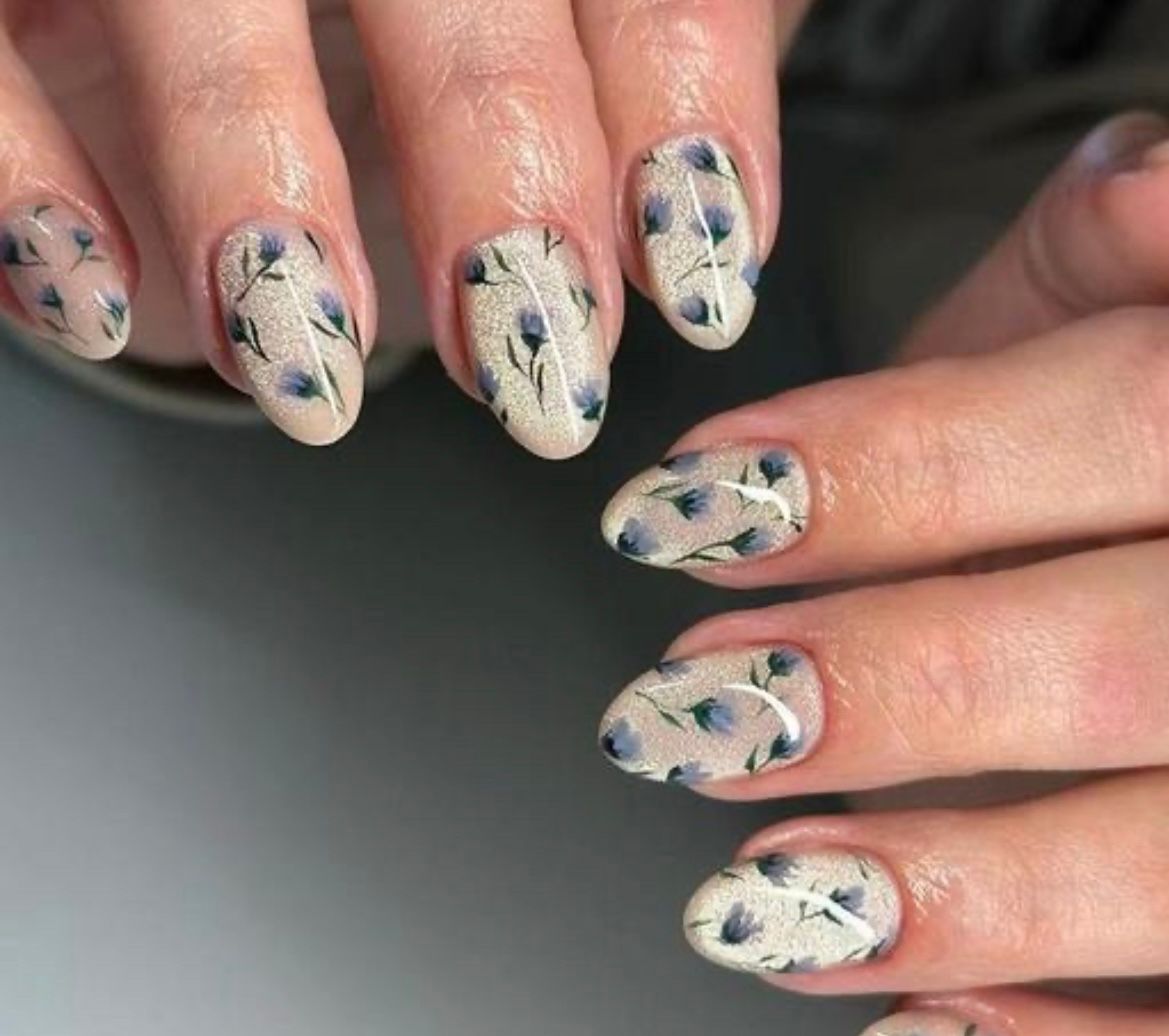 Soft Blue Floral Pattern Nails