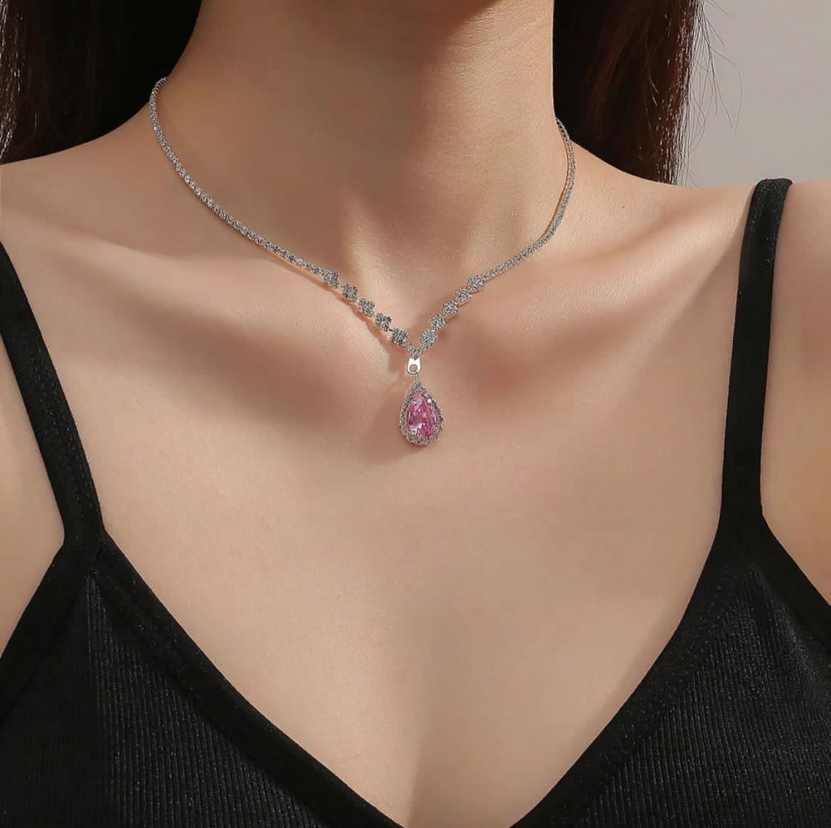 Pink teardrop pendant necklace